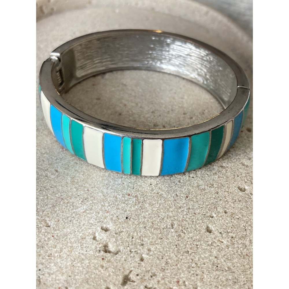 Silver Tone Enamel Hinged Bangle Bracelet Striped Turquoise Ivory Blue